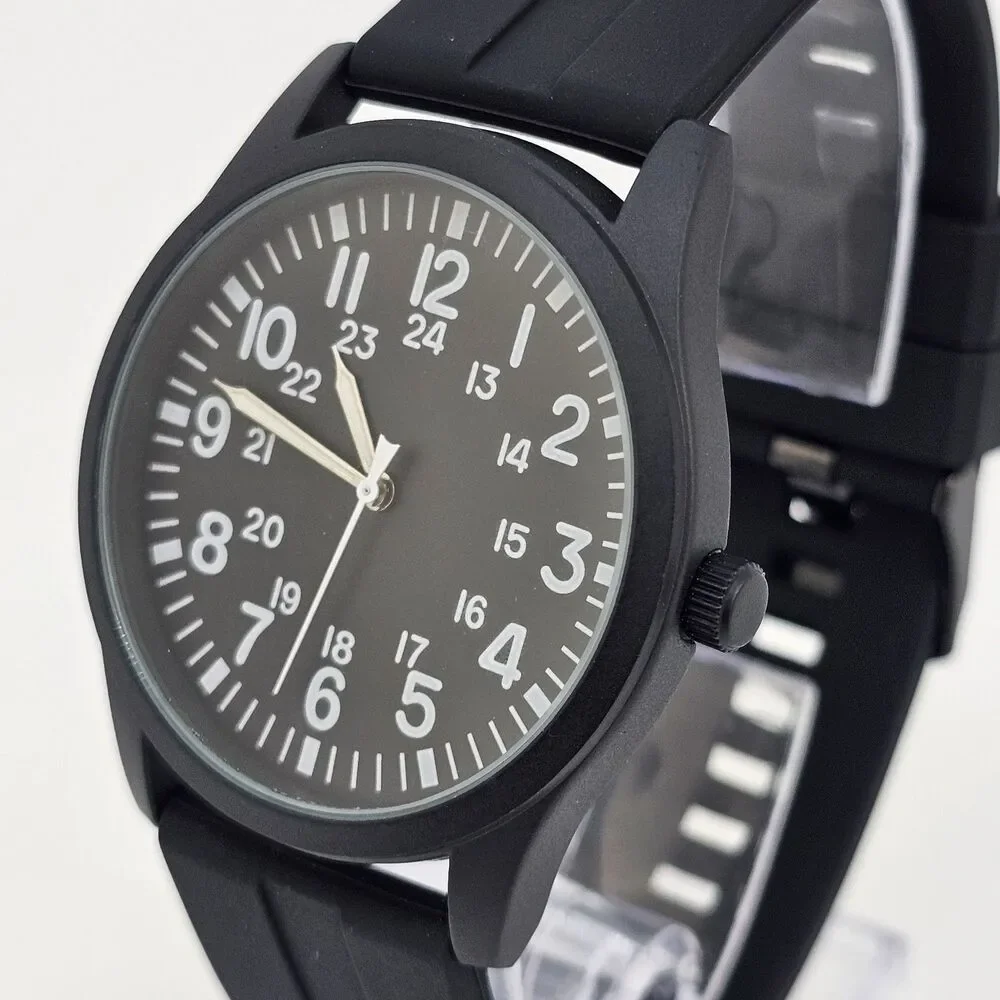 Men's Military Field Watch 42MM Black Case Black‎ Dial Black Plastic Band Straps